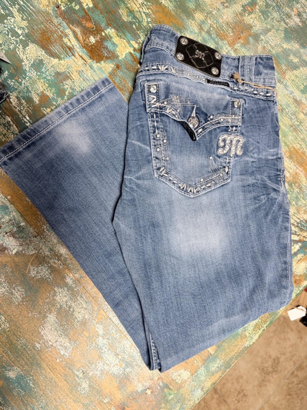 Miss Me Light Blue Denim Capris with Embroidered Waistband